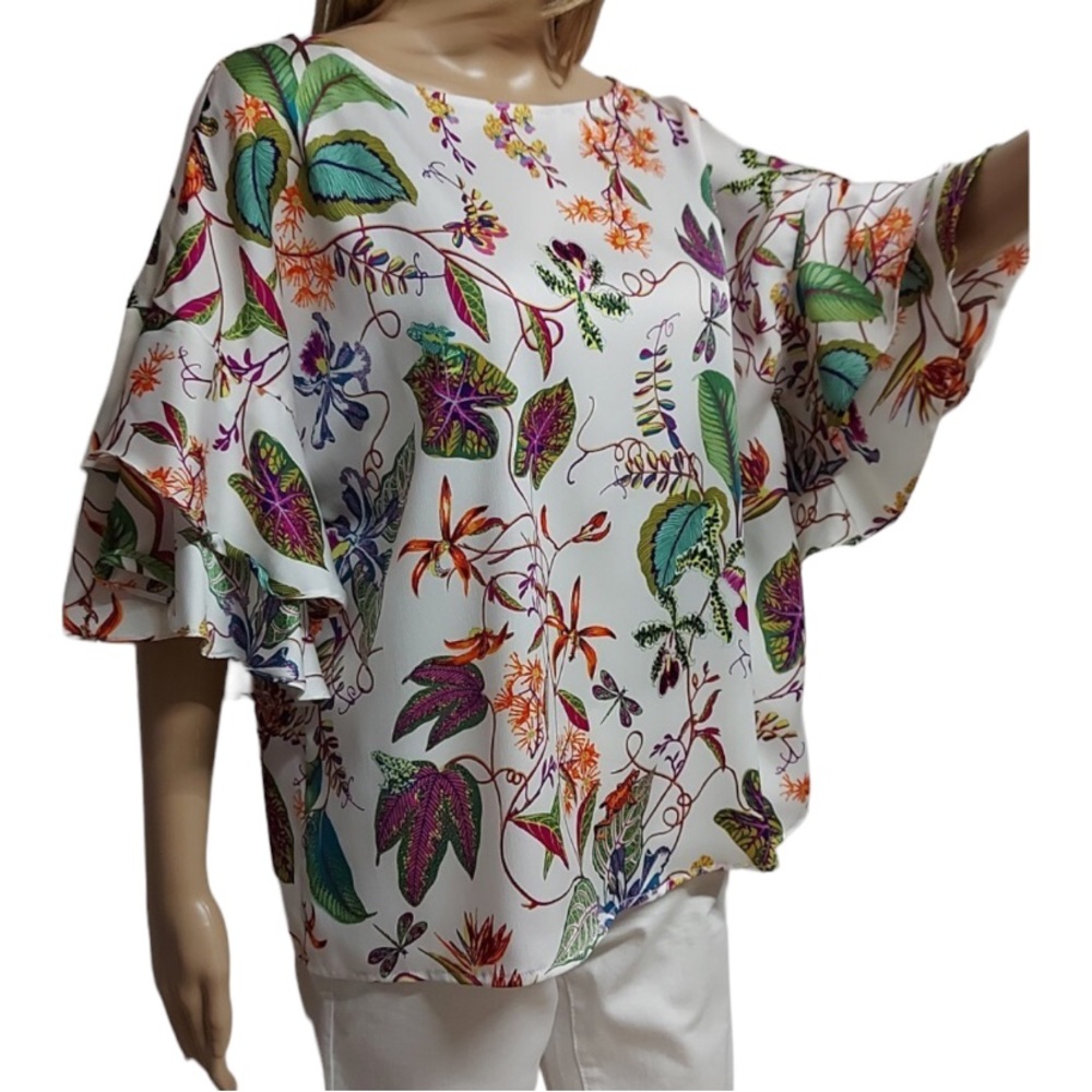 H&M Floral Tropical Patterned Blouse Ruffle Sleeve Multicoloured Womens Size 2 - Picture 3 of 5